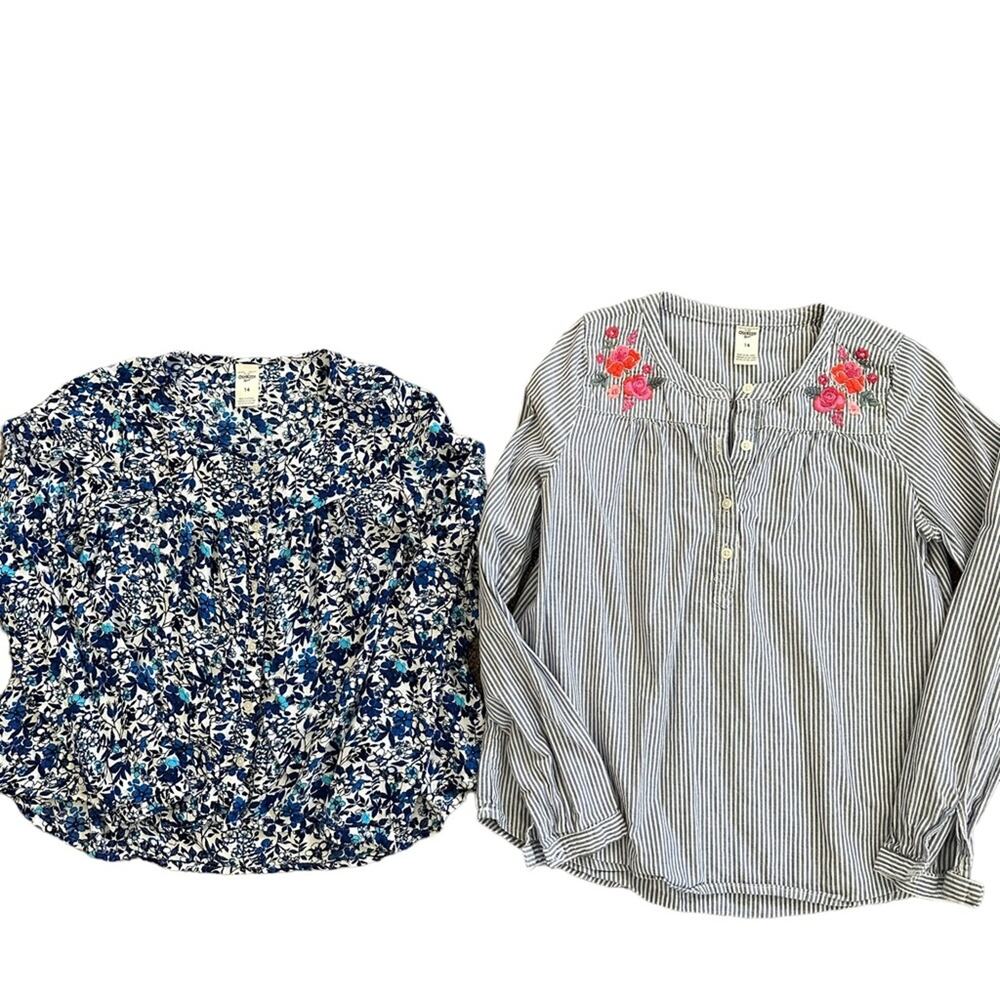 Bundle (2) OshKosh Bgosh Blouse Stripes Floral Embroidered Button Down Girl’s 14